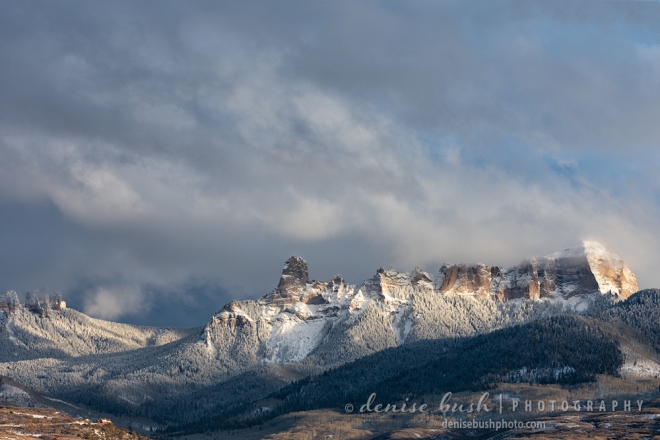 Chimney Rock of the Cimarrons, in the San Juan Mountains of Colorado, catch some nice light as a storm clears.