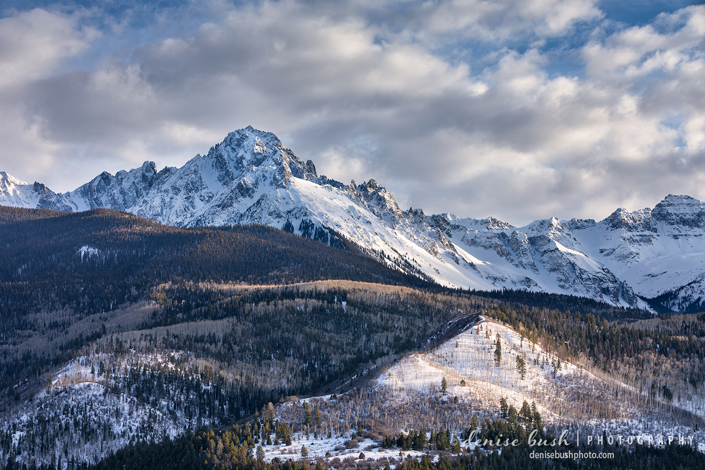 This winter image shot in the San Juans of Colorado features Mount Sneffels which rises to 14,158 feet in elevation.